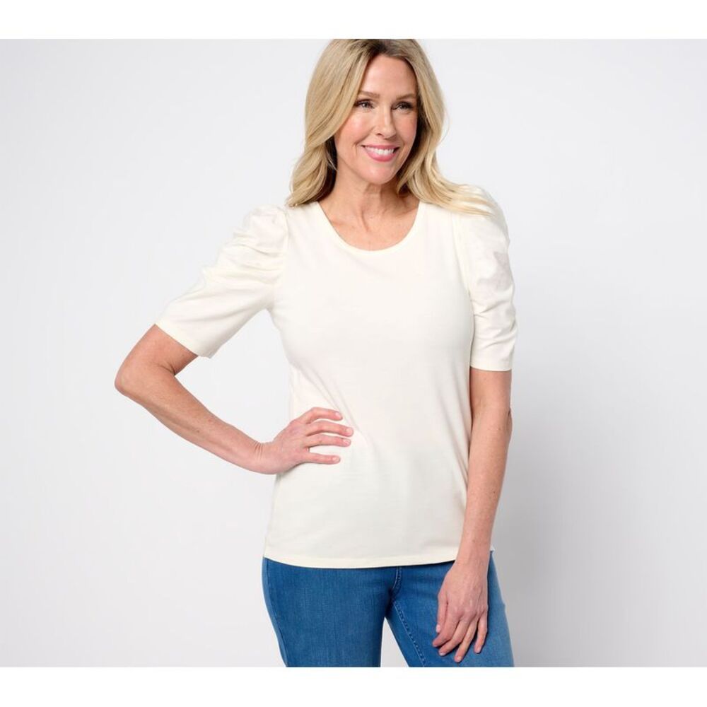 Studio Park Women's Top Sz XS x Rosina Grosso Ruched Sleeve Knit White A688857